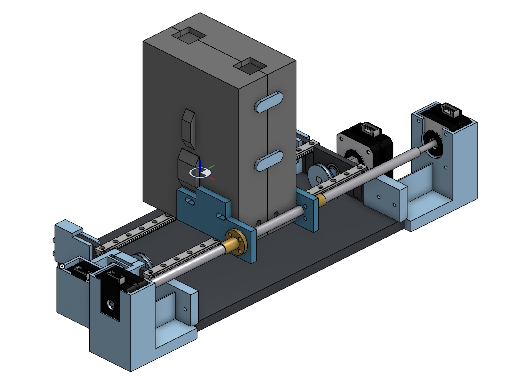 Isometric CAD render of the finished BraiLink assembly: the punch head on its carriage over linear rails, with lead screws and stepper motors