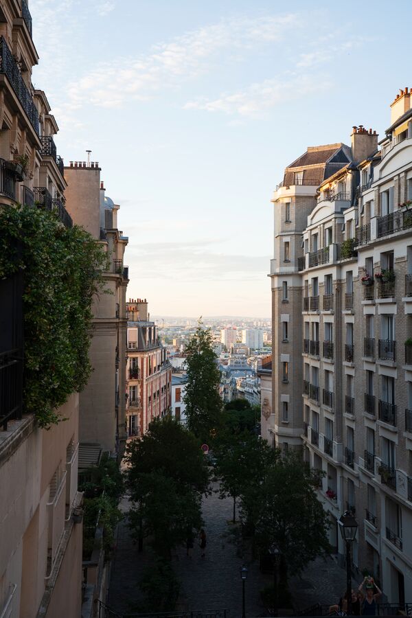 A Paris street in early morning light, looking down a tree-lined slope