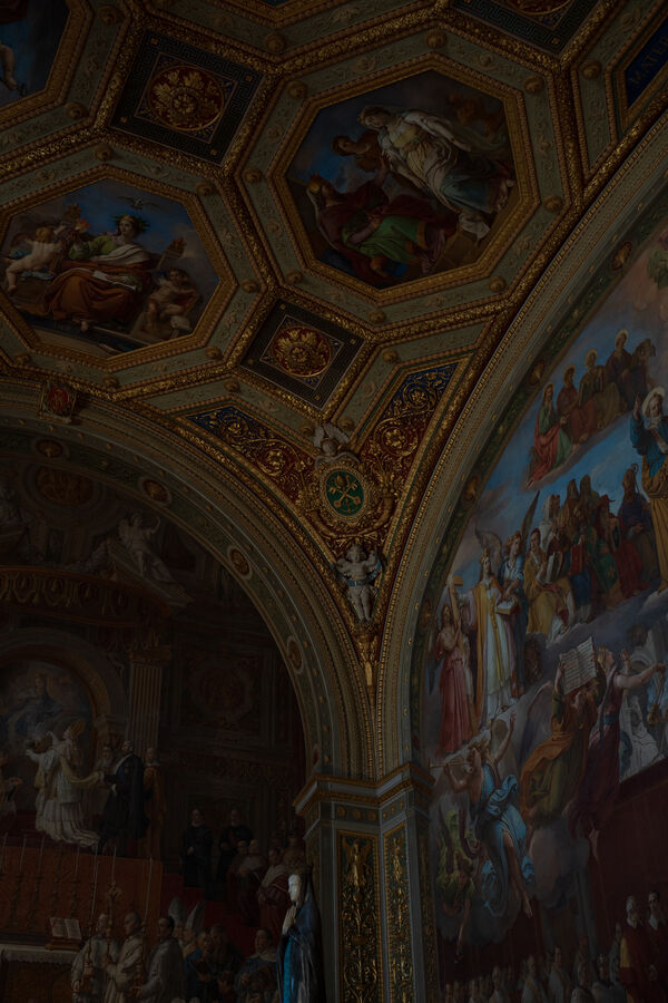 A painted vaulted ceiling seen from below
